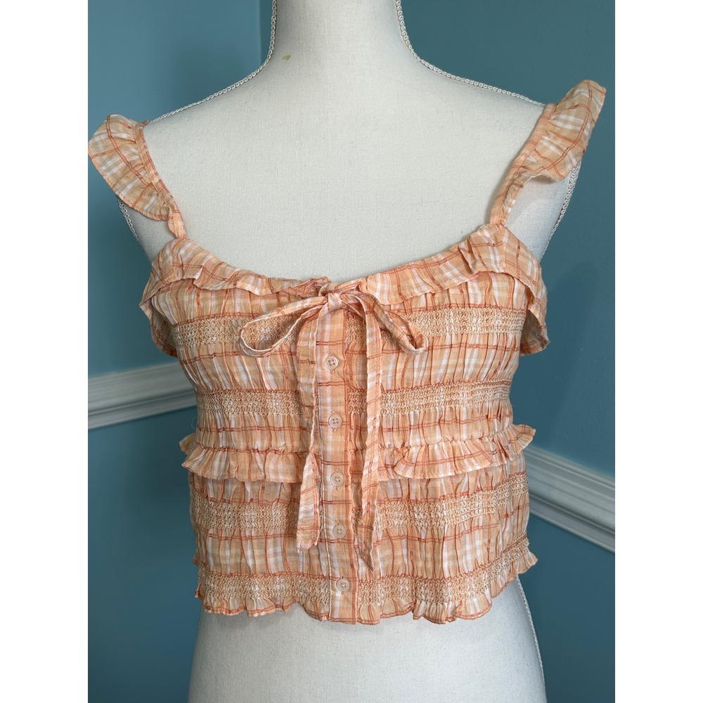 American Eagle Orange Plaid Smocked Ruffle Crop Top NWT S